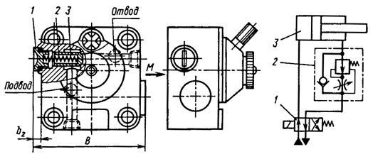 Конструкция, габаритные и присоединительные размеры (мм) и типовая схема применения регуляторов потока ПГ55-3 и МПГ55-3 с обратным клапаном
